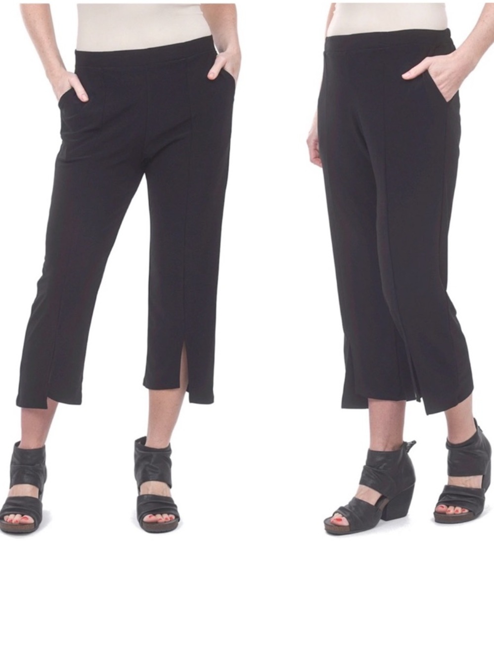 Women's Black Cropped Pull-On Ankle Pants with Front Slit
